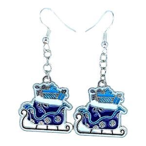 Festive Blue Santa Sleigh Earrings 🎁 Christmas Holiday Jewelry